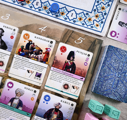 Pax Pamir court cards showcasing different patriots with unique combinations of actions.