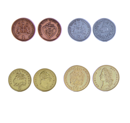 An assortment of metal coins in 4 different denominations, with intricate designs on them.