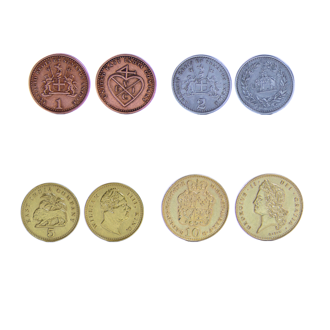 An assortment of metal coins in 4 different denominations, with intricate designs on them.