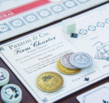 Punchboard coins of British India on the Paxton & Co.'s firm charter.