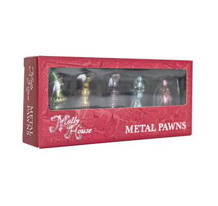 A box of Molly House Metal Pawns featuring five unique metal player pawns with a felted base.