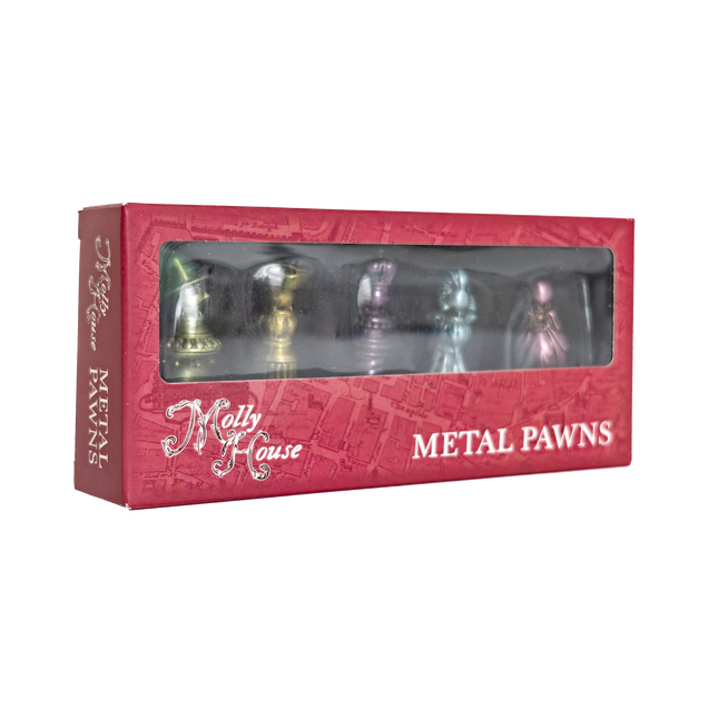A box of Molly House Metal Pawns featuring five unique metal player pawns with a felted base.