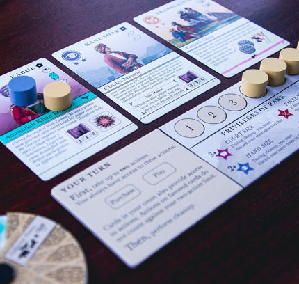 Player tableaux in Pax Pamir. 2 opposing spys on a court card linger.