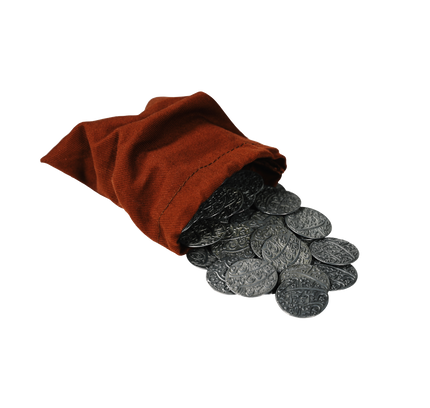 A cloth bag spilling out silver metal coins used for Pax Pamir