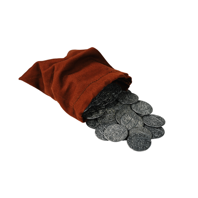 A cloth bag spilling out silver metal coins used for Pax Pamir